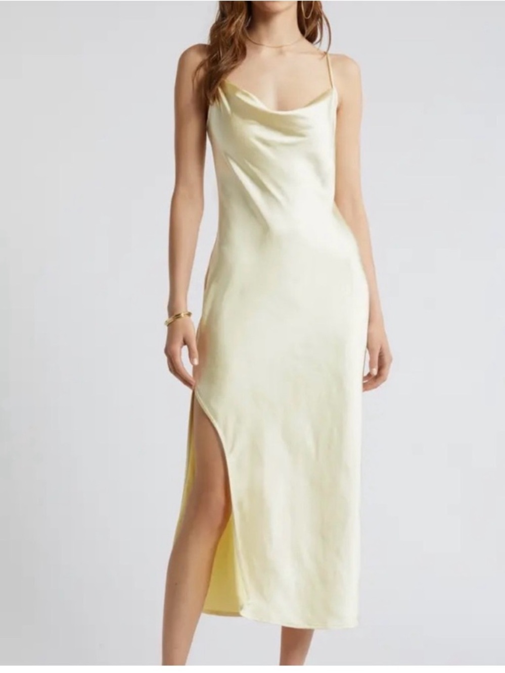 Slip Midi Dress with Thigh Slit in Pale Yellow